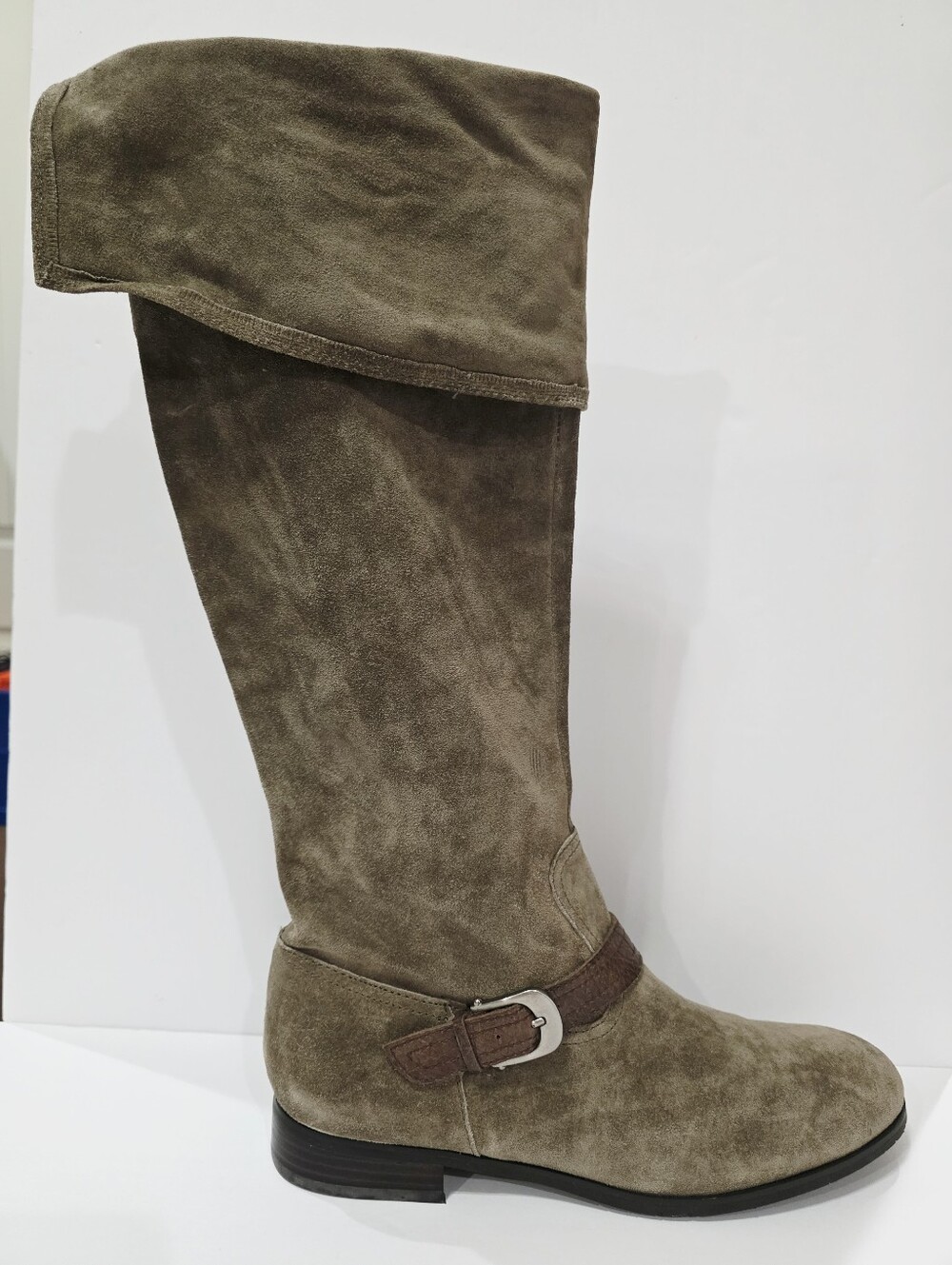 Franco Sarto L-TECH Taupe Leather Suede Boot Tall Pull-On Riding Buckle 10 M New